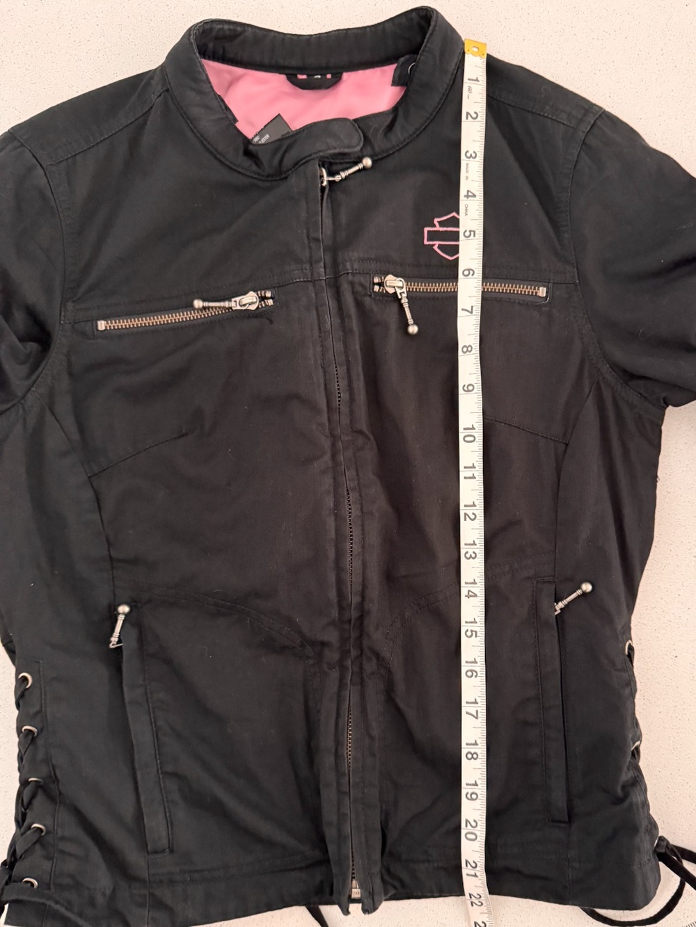 Harley-Davidson Black Cotton Side Lace Up Moto Jacket Pink Script Logo S - Picture 14 of 16